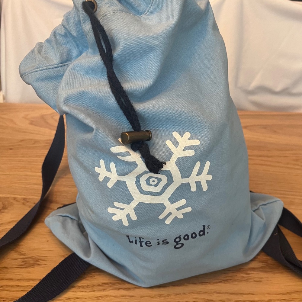 Life is Good Blue Canvas Snowflake Drawstring Backpack Cinch Bag with Zip Pocket